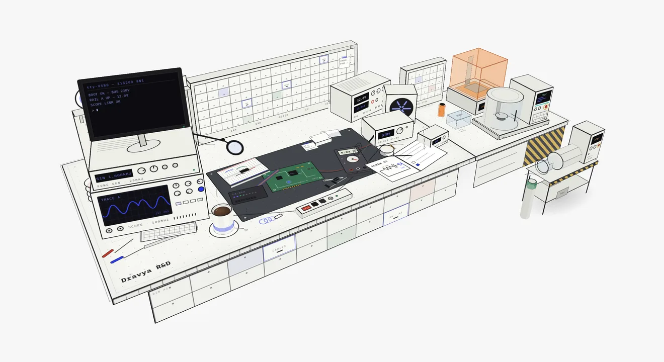 An isometric prototyping bench, terminal, ESD mat with a populated PCB, 3D printer, component drawers, pegboard and wire spools.
